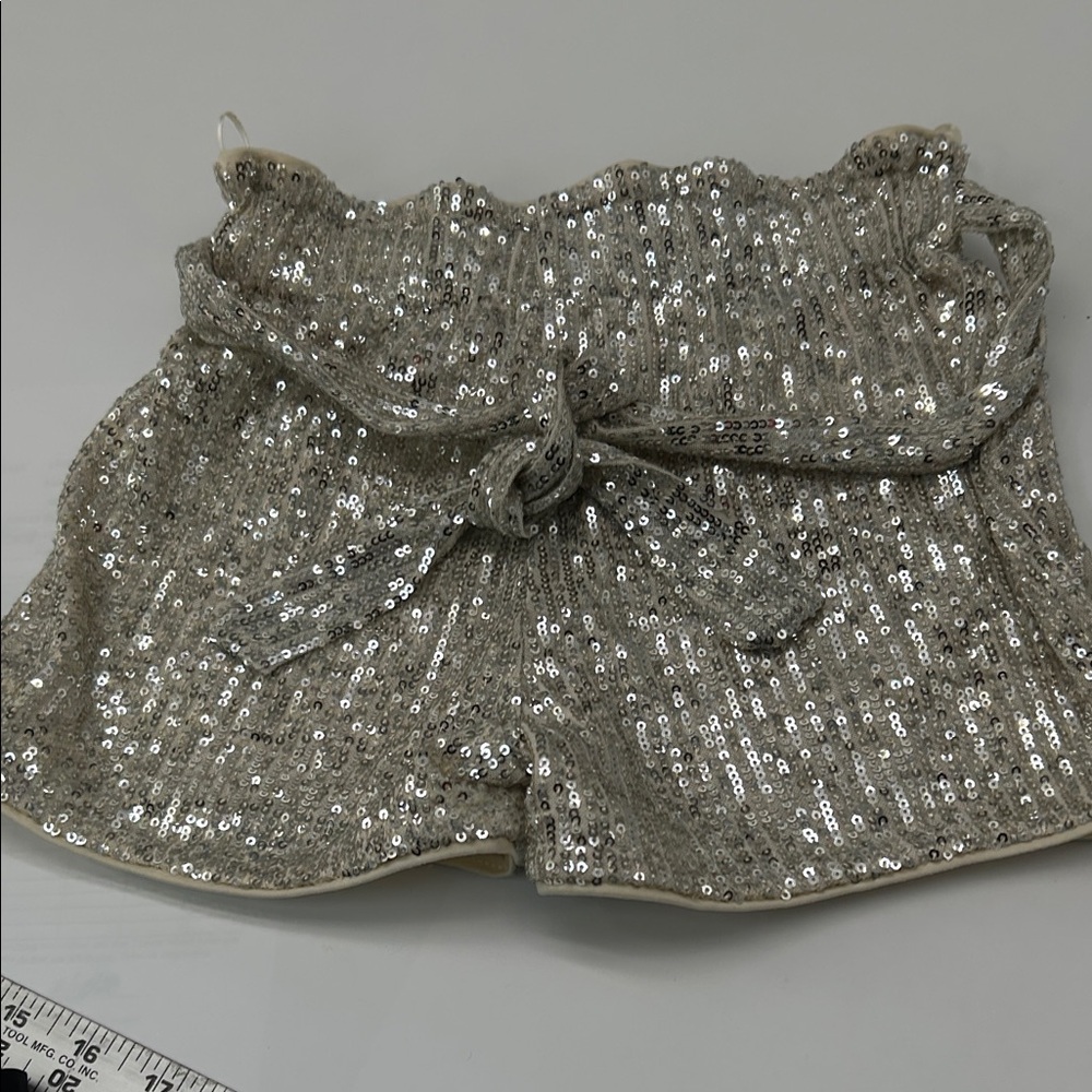 Sequin Paperbag Waist Shorts — Silver